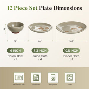 12 Pieces Organic Stoneware Dinnerware Set with Botanical Patterns
