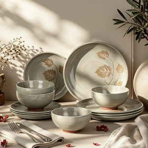 12 Pieces Organic Stoneware Dinnerware Set with Botanical Patterns