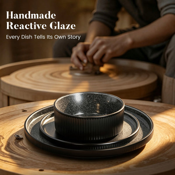 Vertical Ribbed Stoneware Dinnerware Set with Reactive Glaze Finish