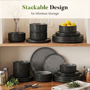 Vertical Ribbed Stoneware Dinnerware Set with Reactive Glaze Finish