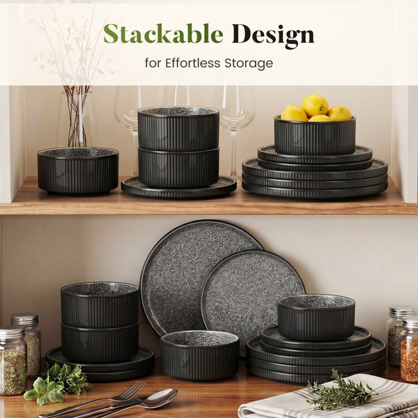 Vertical Ribbed Stoneware Dinnerware Set with Reactive Glaze Finish