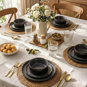 Vertical Ribbed Stoneware Dinnerware Set with Reactive Glaze Finish