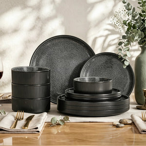 Vertical Ribbed Stoneware Dinnerware Set with Reactive Glaze Finish