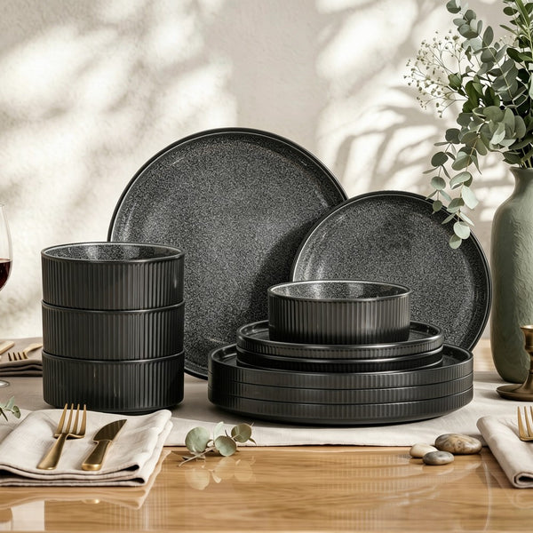 Vertical Ribbed Stoneware Dinnerware Set with Reactive Glaze Finish