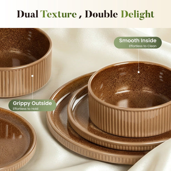 Vertical Ribbed Stoneware Dinnerware Set with Reactive Glaze Finish