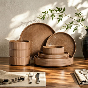 Vertical Ribbed Stoneware Dinnerware Set with Reactive Glaze Finish