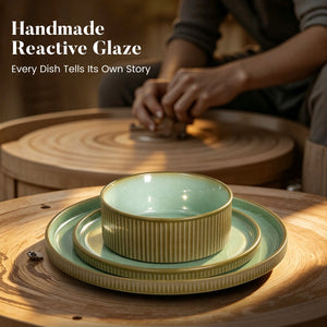 Vertical Ribbed Stoneware Dinnerware Set with Reactive Glaze Finish