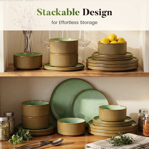 Vertical Ribbed Stoneware Dinnerware Set with Reactive Glaze Finish