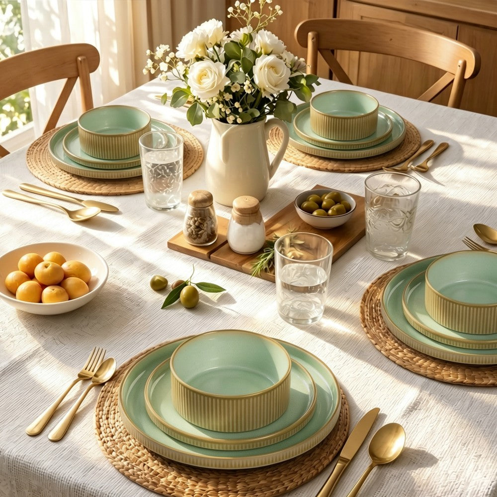 Vertical Ribbed Stoneware Dinnerware Set with Reactive Glaze Finish
