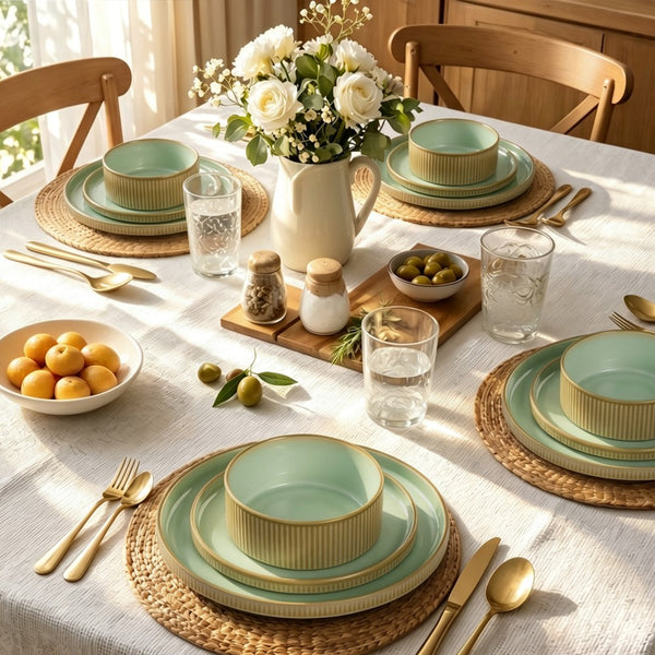 Vertical Ribbed Stoneware Dinnerware Set with Reactive Glaze Finish