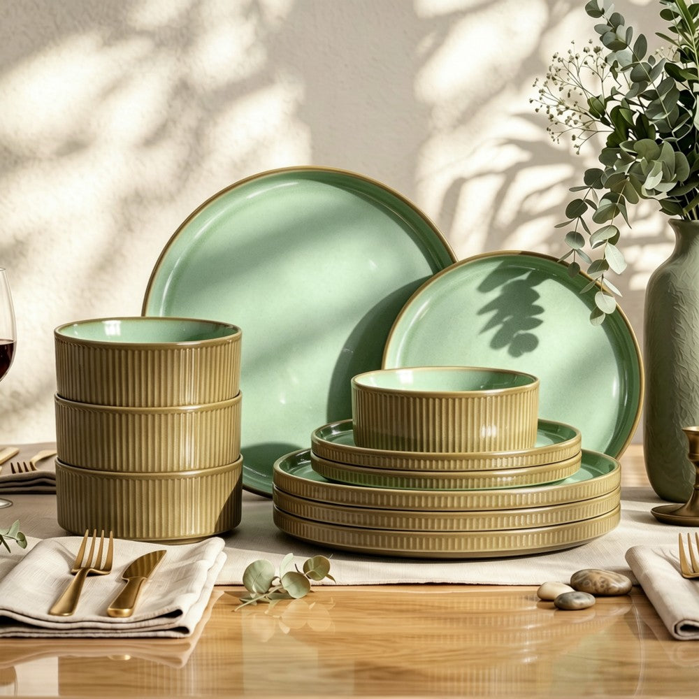 Vertical Ribbed Stoneware Dinnerware Set with Reactive Glaze Finish