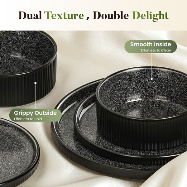 Vertical Ribbed Stoneware Dinnerware Set with Reactive Glaze Finish