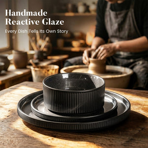 Vertical Ribbed Stoneware Dinnerware Set with Reactive Glaze Finish