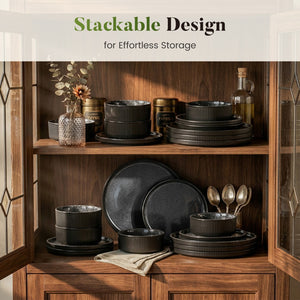 Vertical Ribbed Stoneware Dinnerware Set with Reactive Glaze Finish