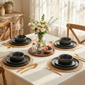 Vertical Ribbed Stoneware Dinnerware Set with Reactive Glaze Finish