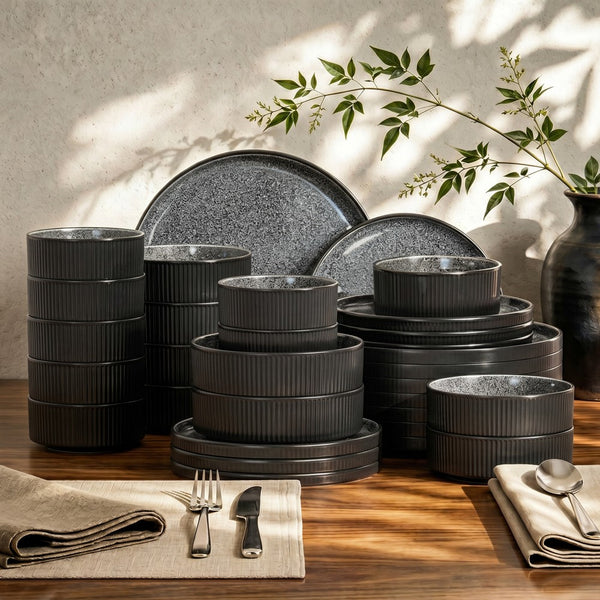Vertical Ribbed Stoneware Dinnerware Set with Reactive Glaze Finish