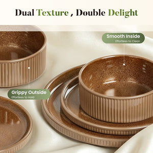 Vertical Ribbed Stoneware Dinnerware Set with Reactive Glaze Finish