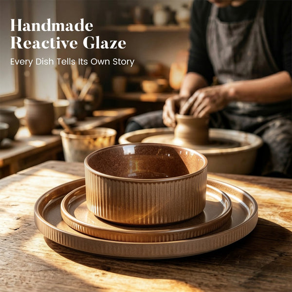 Vertical Ribbed Stoneware Dinnerware Set with Reactive Glaze Finish