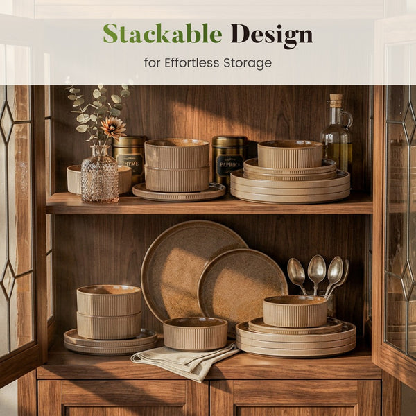Vertical Ribbed Stoneware Dinnerware Set with Reactive Glaze Finish