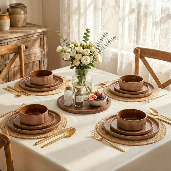 Vertical Ribbed Stoneware Dinnerware Set with Reactive Glaze Finish