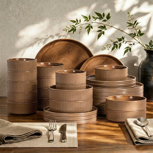 Vertical Ribbed Stoneware Dinnerware Set with Reactive Glaze Finish