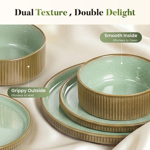 Vertical Ribbed Stoneware Dinnerware Set with Reactive Glaze Finish