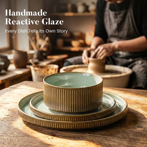 Vertical Ribbed Stoneware Dinnerware Set with Reactive Glaze Finish