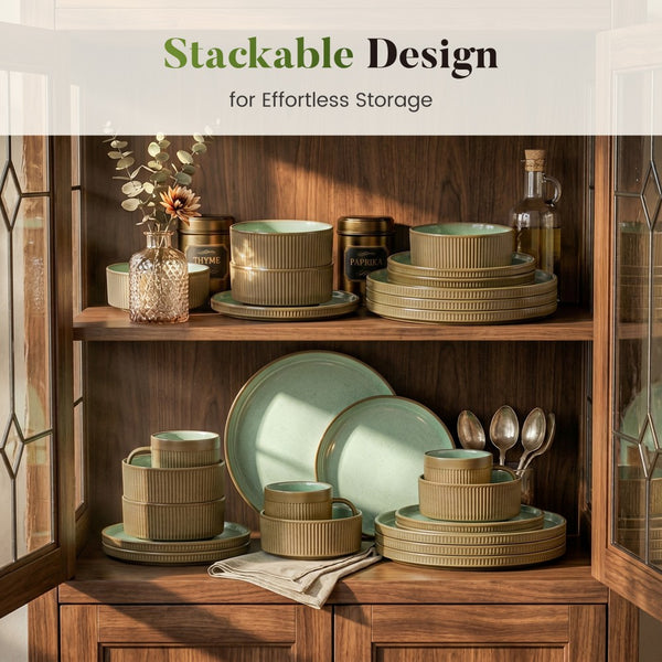 Vertical Ribbed Stoneware Dinnerware Set with Reactive Glaze Finish