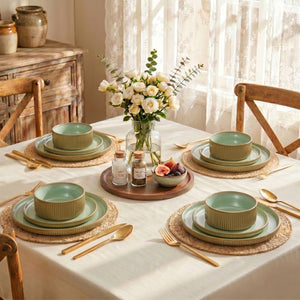 Vertical Ribbed Stoneware Dinnerware Set with Reactive Glaze Finish