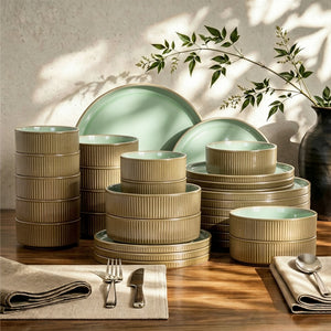 Vertical Ribbed Stoneware Dinnerware Set with Reactive Glaze Finish