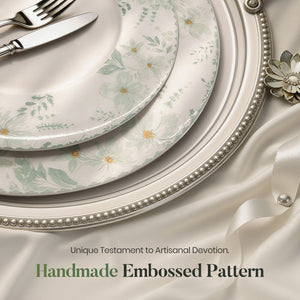 12 Pieces Floral Embossed Porcelain Bone China Dinnerware Set