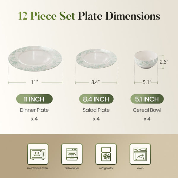 12 Pieces Floral Embossed Porcelain Bone China Dinnerware Set