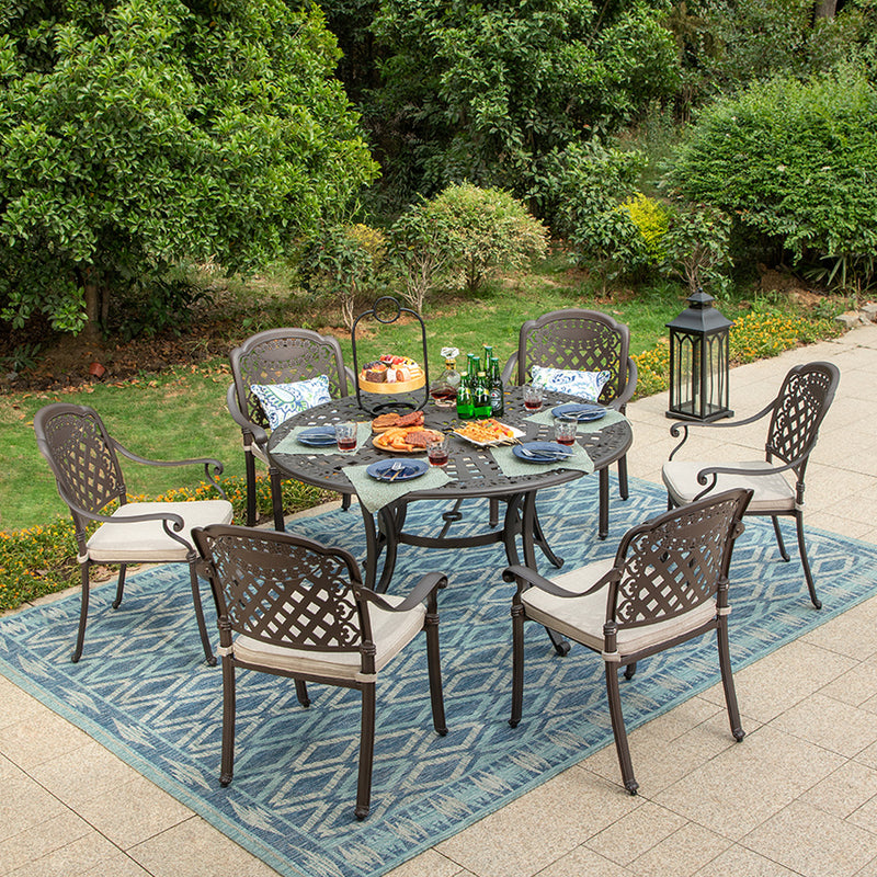 PHI VILLA 7-Piece Patio Elegant Steel Dining Set  with Rectangle/Round Table & Fixed Chairs