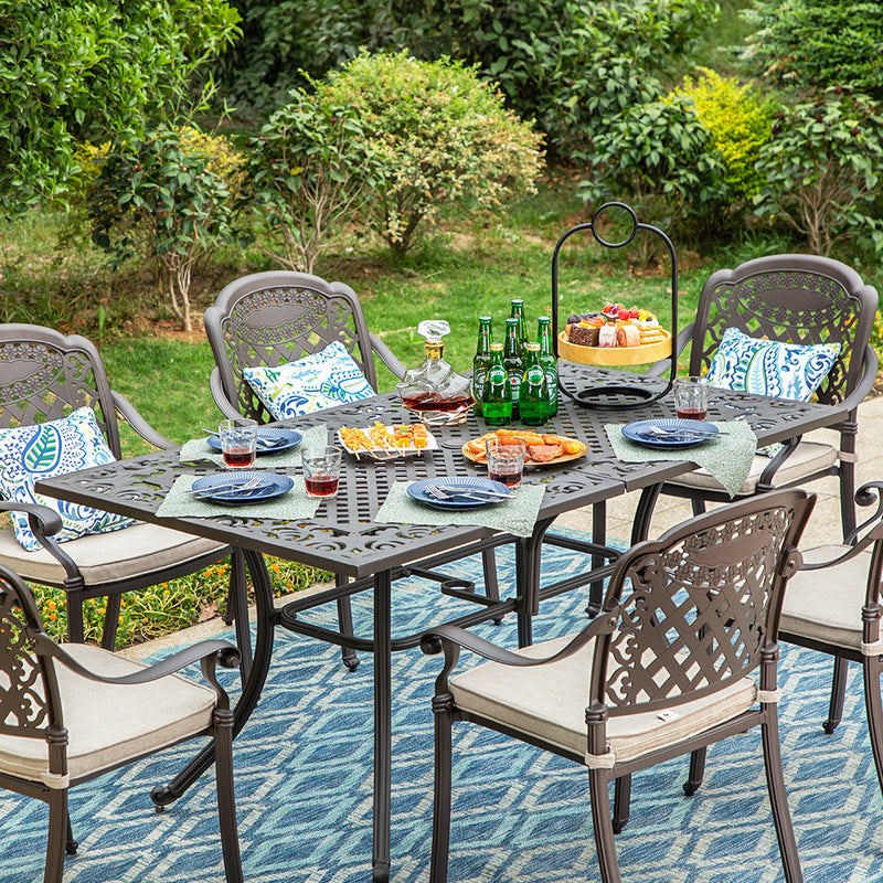 PHI VILLA 7-Piece Patio Elegant Steel Dining Set  with Rectangle/Round Table & Fixed Chairs