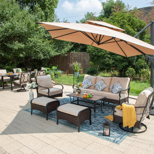 PHI VILLA 13-Piece Set with 7-Seat Rattan Conversation Sofa Set and 6-Seat Dining Set with Extendable Table and 10ft Square Umbrella