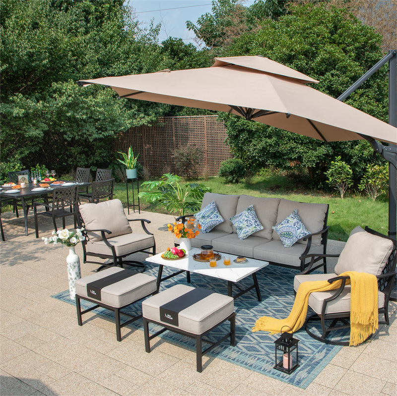 PHI VILLA 15-Piece Set with 7-Seat Steel Conversation Sofa Set and 8-Seat Dining Set and 10ft Square Umbrella