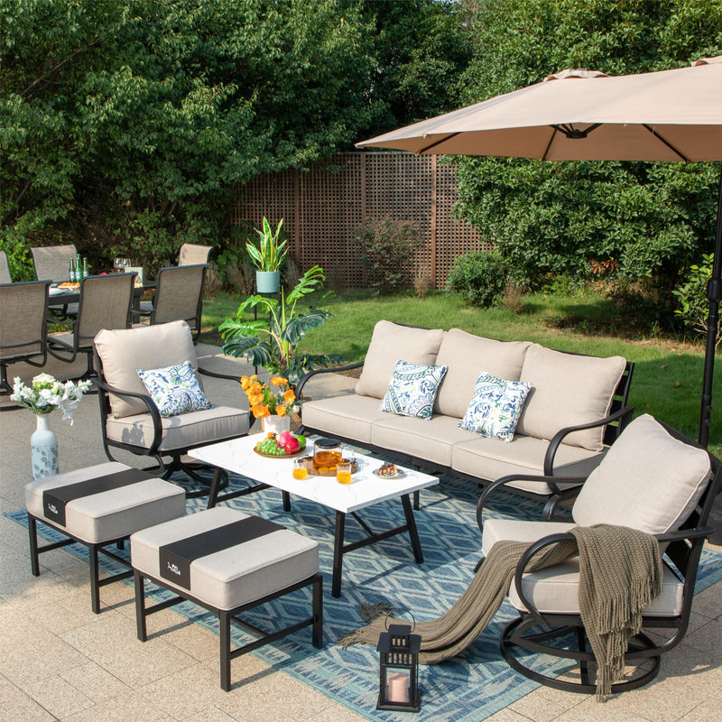 PHI VILLA 15-Piece Set with 7-Seat Steel Conversation Sofa Set and 8-Seat Dining Set and 15ft Double-Sided Twin Umbrella