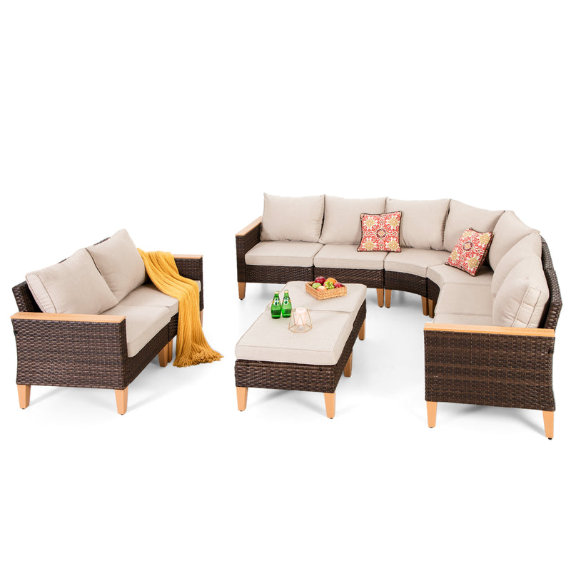 Phi Villa 10-Seater Patio Wicker Sofa With Love Seat And Multi-functional Ottomans