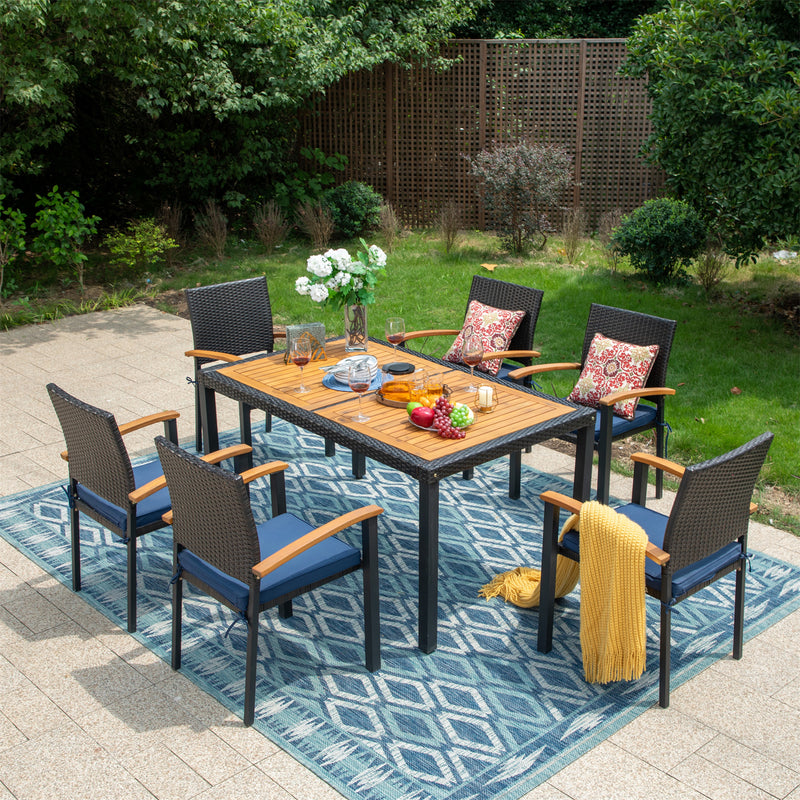 7-Piece Patio Outdoor Dining Set With Acacia Wood Rectangle Table and 6 Rattan Wooden Armrest Dining Chairs Phi Villa