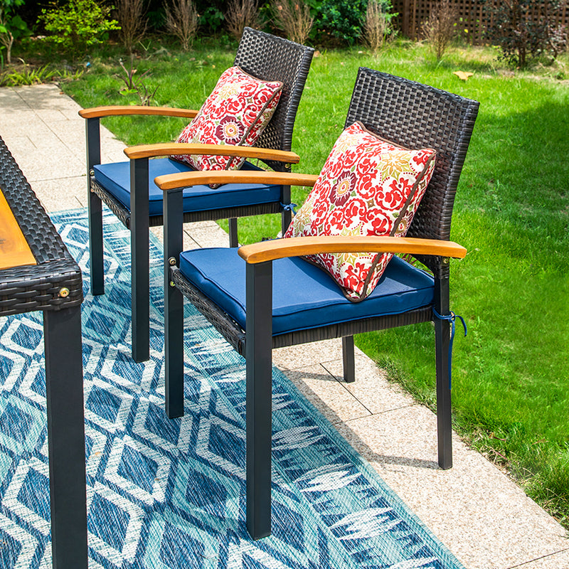 7-Piece Patio Outdoor Dining Set With Acacia Wood Rectangle Table and 6 Rattan Wooden Armrest Dining Chairs Phi Villa