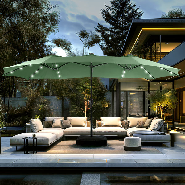 15ft Solar Double-Sided Patio Extra Large Twin Umbrella with Led Lights and Base