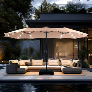 15ft Solar Double-Sided Patio Extra Large Twin Umbrella with Led Lights and Base