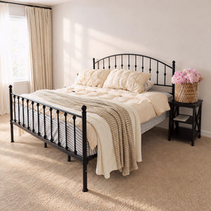 Arched Metal Bed Frame with Unique Bud Finials, High Headboard  & Under-Bed Storage