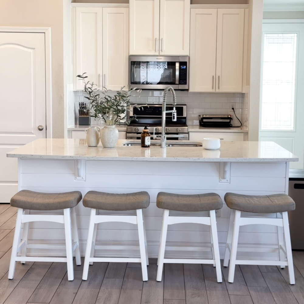 24" PU Leather Saddle Seat Counter Height Bar Stools with White Solid Wood Legs, Set of 4