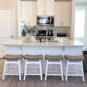 24" PU Leather Saddle Seat Counter Height Bar Stools with White Solid Wood Legs, Set of 4