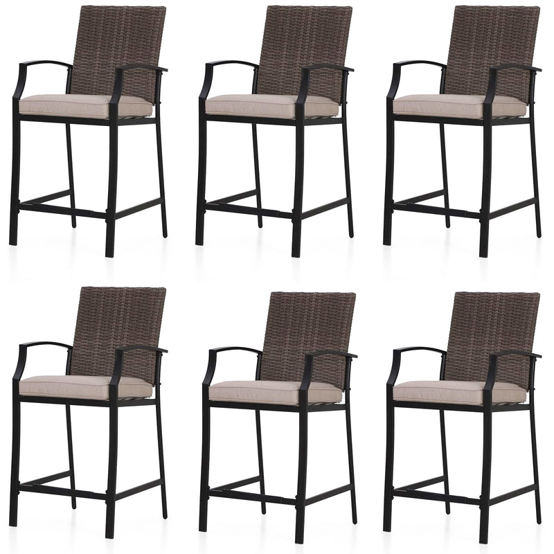 PHI VILLA Outdoor All-Weather Rattan Wicker Cushioned Bar Stools With Arms