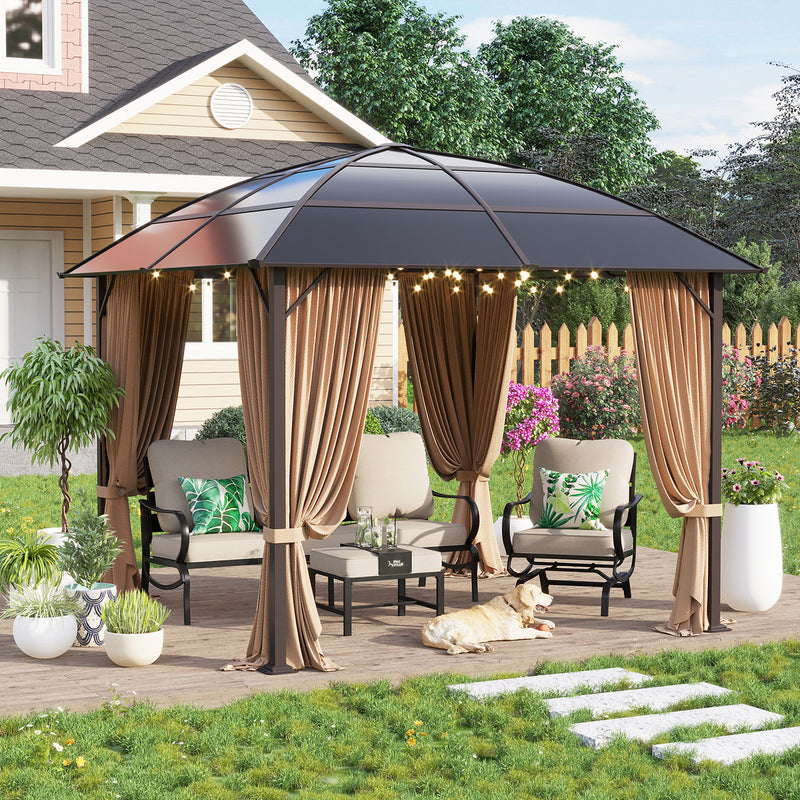 PHI VILLA Deluxe 10' x 10' Hardtop Gazebo with Curved Metal Roof, Curtains, and Netting - Stylish Patio Oasis