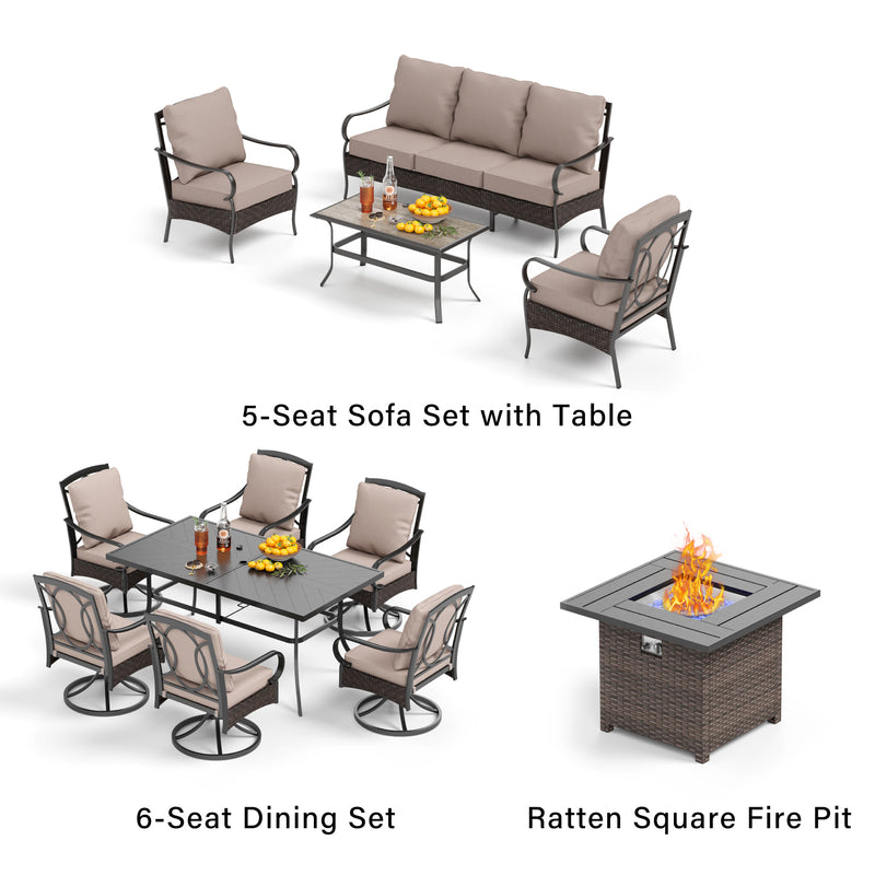 PHI-VILLA-12-Piece-Set-with-6-Seat-Dining-Set-5-Seat-Steel-Rattan-Sofa-Set-and-Wicker-Steel-Square-Fire-Pit-Table-FIXED