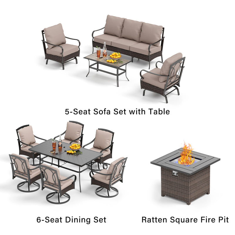 PHI-VILLA-12-Piece-Set-with-6-Seat-Dining-Set-5-Seat-Steel-Rattan-Sofa-Set-and-Wicker-Steel-Square-Fire-Pit-Table-ROCKING