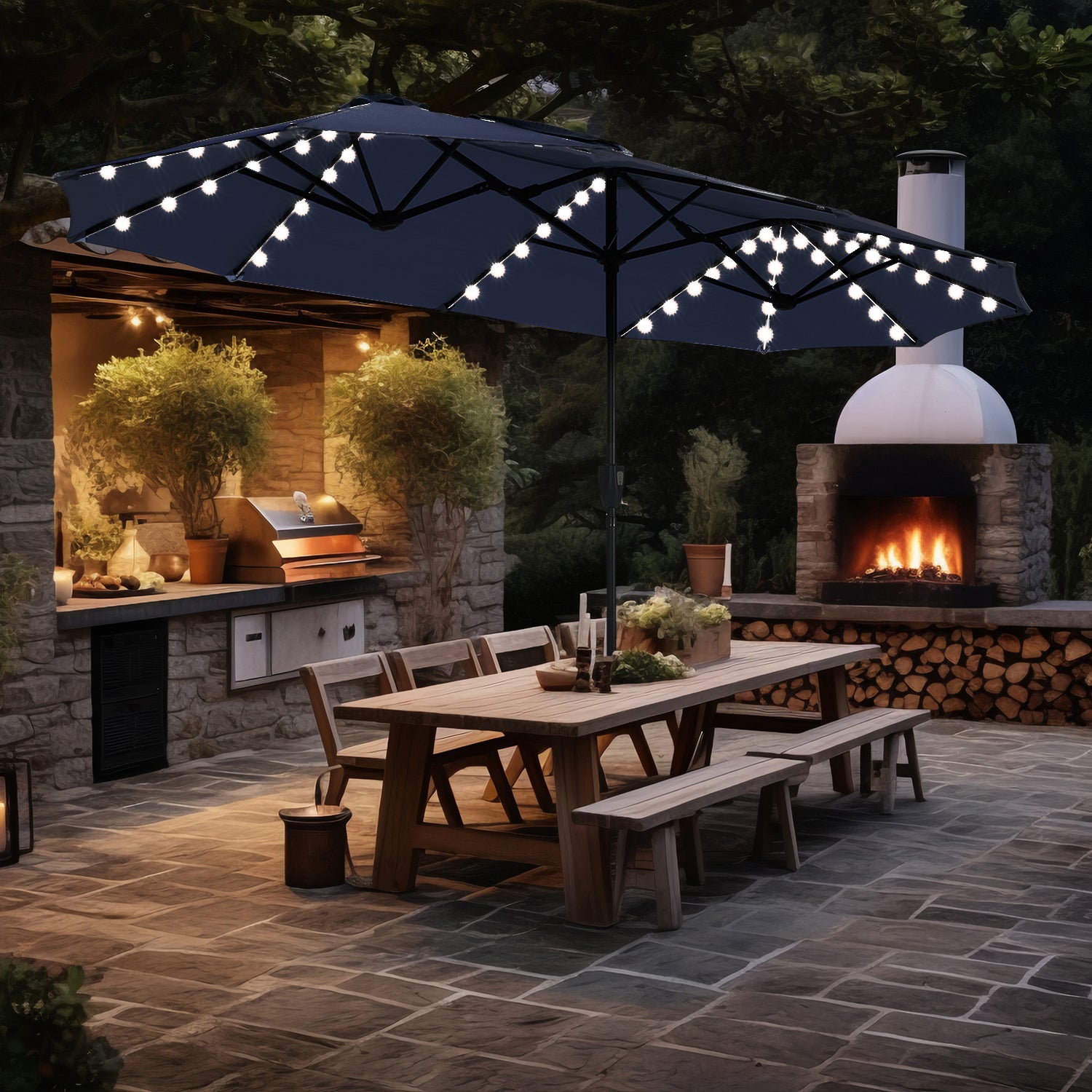 13ft Solar Double-Sided Patio Twin Umbrella with Led Lights